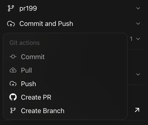 Karmas Coder git actions — commit, pull, push, create PR, and create branch in one click