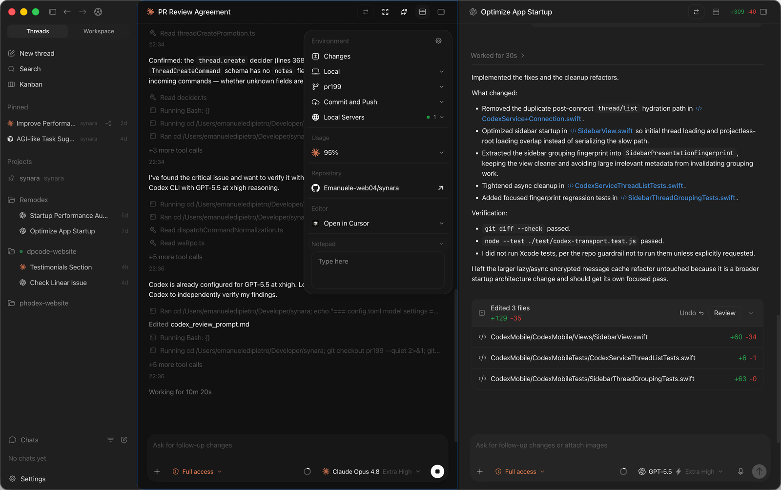 Karmas Coder split view — two agent threads running in parallel in the same window