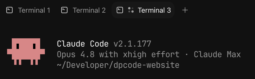 Karmas Coder terminals — Terminal 1, 2, and 3 tabs with Claude Code running in the project directory
